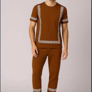 2 Pcs Men's Micro Interlock Printed Track Suit Brown