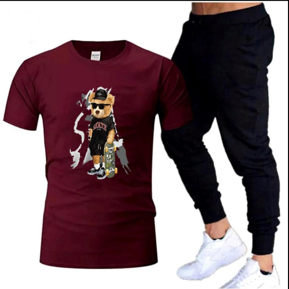 2 Piece Men’s Polyester Printed T-Shirt and Trouser Set Maroon