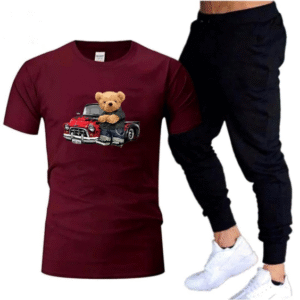 2 Piece Men’s Polyester Printed T-Shirt and Trouser Set Maroon