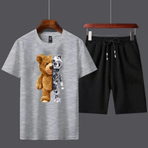2 Piece Men’s Cotton Printed T-Shirt and Shorts Tracksuit Grey