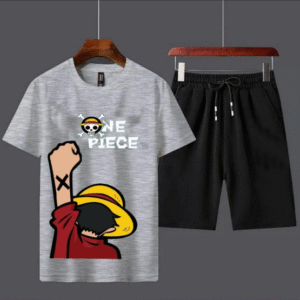 2 Piece Men’s Cotton Printed T-Shirt and Shorts Tracksuit Grey