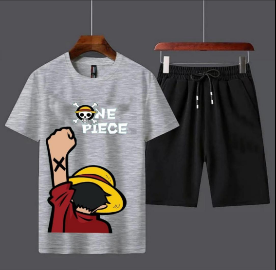 2 Piece Men’s Cotton Printed T-Shirt and Shorts Tracksuit Grey
