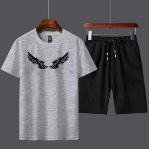2 Piece Men’s Cotton Printed T-Shirt and Shorts Tracksuit Grey