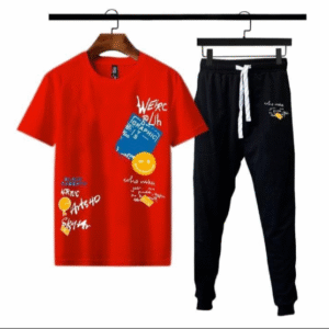 2 Piece Men’s Micro Interlock Printed T-Shirt and Trouser Tracksuit Red