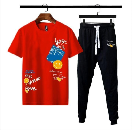2 Piece Men’s Micro Interlock Printed T-Shirt and Trouser Tracksuit Red