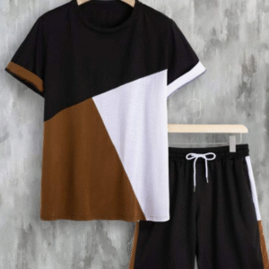 2 Piece Men’s Polyester Printed T-Shirt and Shorts Tracksuit Brown