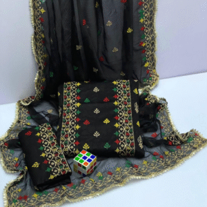 3 Piece Cotton Lawn Zari Tilla Embroidered Suit Black