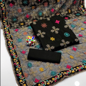 3 Piece Cotton Embroidered Suit Black