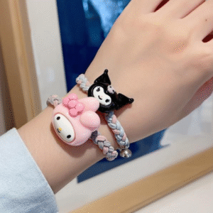 Acrylic Plated Magnetic Charm Bracelet Pair for Unisex with Sanrio & Hello Kitty Cartoon Design Black Pink