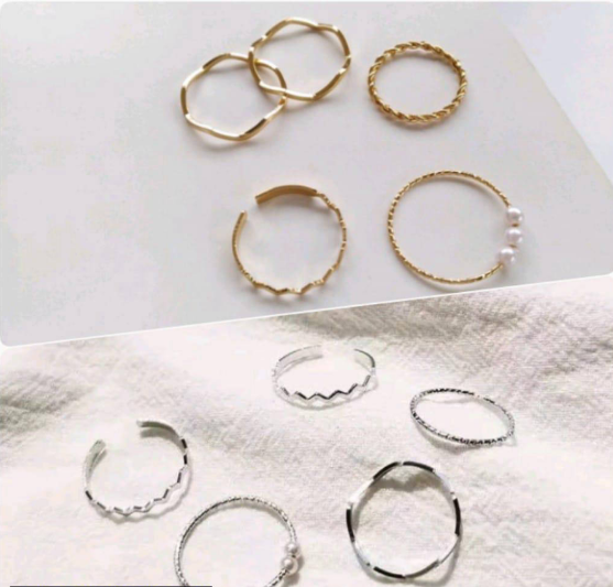 Golden and Silver Plated Alloy 10 Pcs Rings Set for Women in Western and Korean Style Golden and Silver