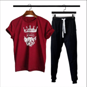 2 Piece Men's Cotton Jersey Printed Track Suit - Black & Maroon