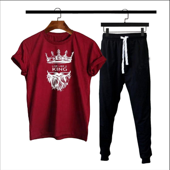 2 Piece Men's Cotton Jersey Printed Track Suit - Black & Maroon