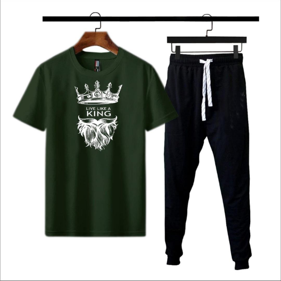 2 Piece Men's Cotton Jersey Printed Track Suit - Black & Green