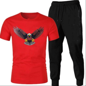 2 Piece Men's Cotton Printed T-Shirt & Trouser Track Suit - Black & Red