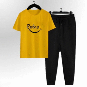 2 Piece Men's Cotton Printed T-Shirt & Trouser Track Suit - Yellow & Black