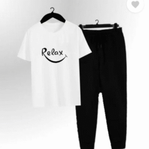 2 Piece Men's Cotton Printed T-Shirt & Trouser Track Suit - White & Black