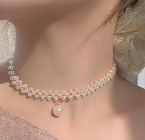Resin Choker for Women with Pearl and Rhinestone Design White