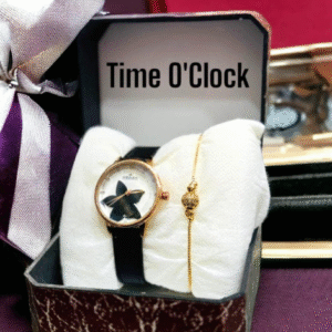 Women's Leather Strap Quartz Watch with Bracelet Black