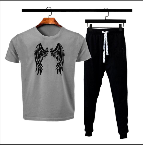 2 Piece Men's Printed Cotton Jersey Track Suit Grey