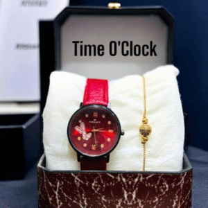Women's Leather Strap Quartz Watch with Bracelet Red