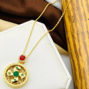 Gold Plated Pendant for Unisex with Rotatable Balls Design and Red Green Zircon Stones Golden