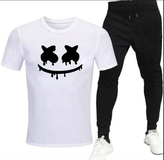 2 Piece Men's Printed Cotton Jersey Track Suit White Black