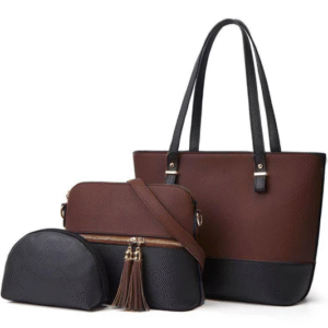 Plain Rexine Shoulder Bag for Women with 3 Piece Set Brown