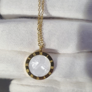Gold Plated Pendant for Women with Round Black Stone Design Gold White