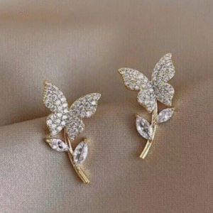 Gold Plated Alloy Earrings for Women with Silver Zircon Butterfly Design Golden