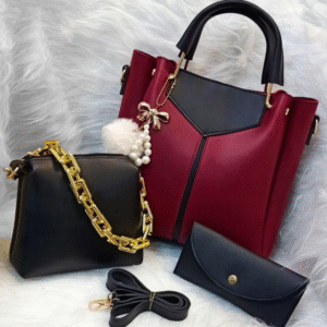 PU Leather Handbag Set for Women with Wallet Makeup Pouch and Chain Strap Maroon