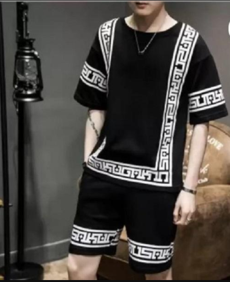2 Piece Men's Dry Fit Printed T-Shirt & Shorts Tracksuit Black