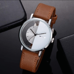 Men's Leather Plain Strap Round Analogue Watch Brown, Silver