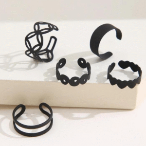 Black Silver Plated Ring Set for Women with Mixed Shape Design Silver