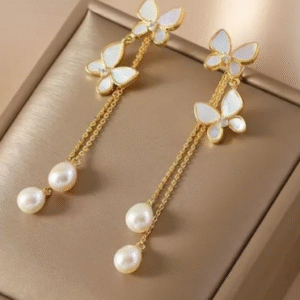 Gold Plated Alloy Earrings for Women with Silver Stone Butterfly Hanging Design Black