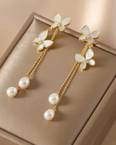 Gold Plated Alloy Earrings for Women with Silver Stone Butterfly Hanging Design Black