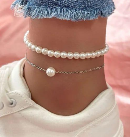 Silver Alloy Anklet for Women with Pearl Stones Silver