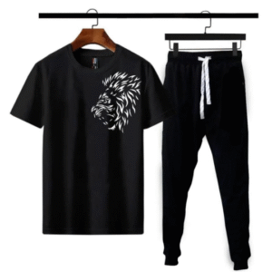 2 Piece Micro Polyester Printed T-Shirt and Trouser Set Black