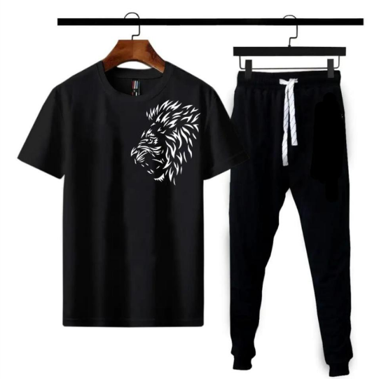 2 Piece Micro Polyester Printed T-Shirt and Trouser Set Black