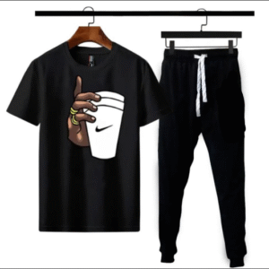 2 Piece Micro Polyester Printed T-Shirt and Trouser Set Black