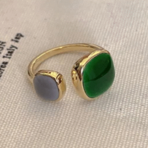 Gold Plated Adjustable Ring for Women Brass with Grey Green