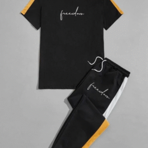 2 Piece Men's Plain Polyester Round Neck Shirt and Trouser Set Black