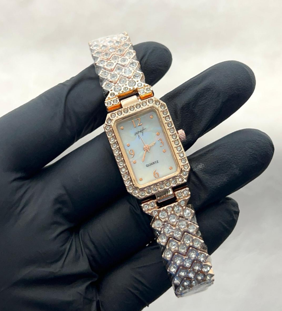 Women's Golden Square Dial Bracelet Watch with Textured Strap Stainless Steel