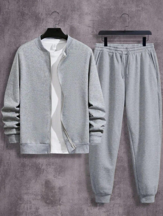2 Piece Fleece Plain Zipper Tracksuit Grey