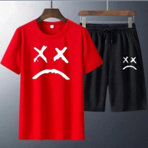 2 Piece Men's Striped Printed Polyester T-Shirt and Shorts Set Red