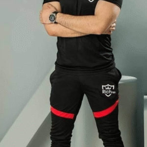 2 Piece Men's Polyester Striped T-Shirt and Trouser Set Black