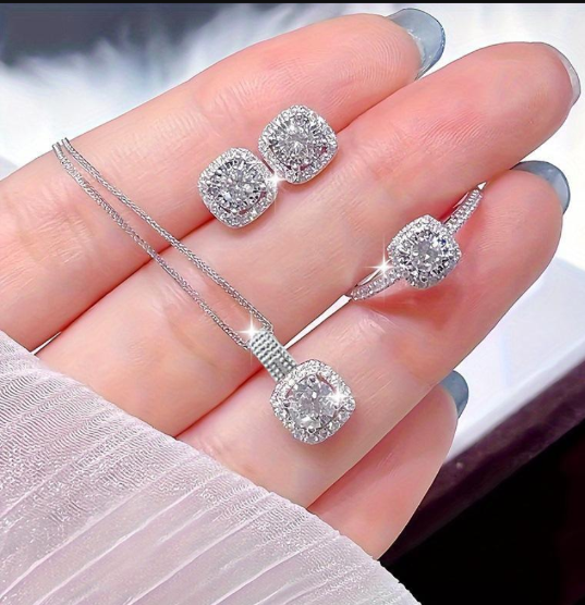 Silver Plated Jewelry Set for Women with Square Crystal Design Silver