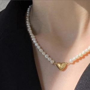 Gold Plated Metal Magnetic Heart Pendant with Off White Pearl