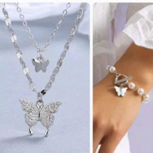 Silver Plated Western and Korean Style Necklace with Pearl Bracelet for Women Silver