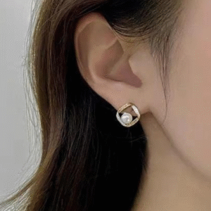 Gold Plated Earrings for Women with Square Design and Off White Pearl Off White
