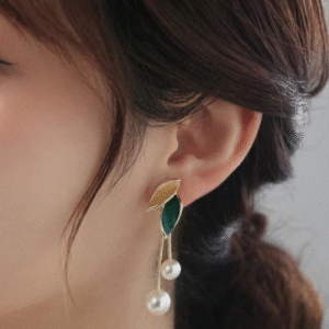 Gold Plated Earring for Women with Pearl Accent in Golden and Green